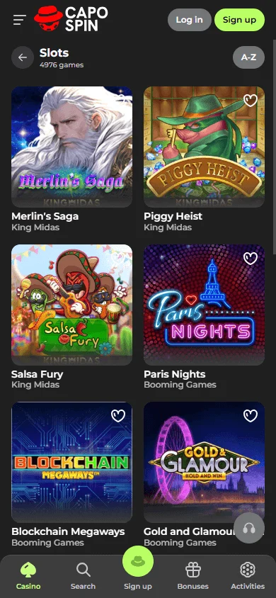 Capospin Casino games area on a mobile device