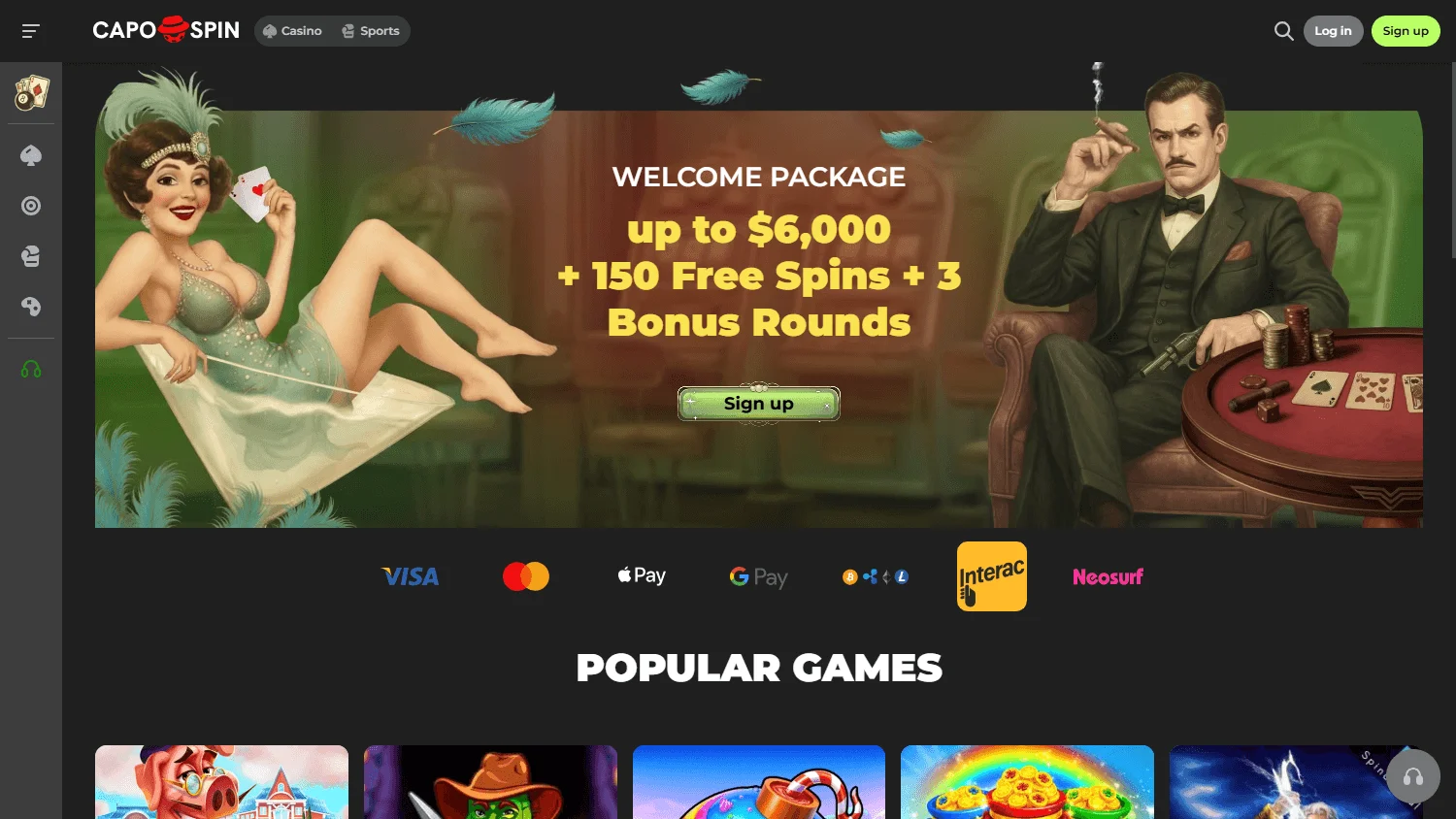 Capospin Casino home page on desktop