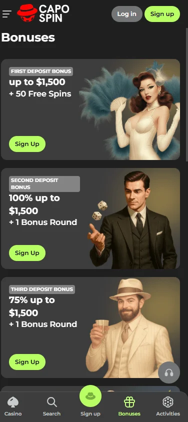 Capospin Casino promotions area on a mobile device