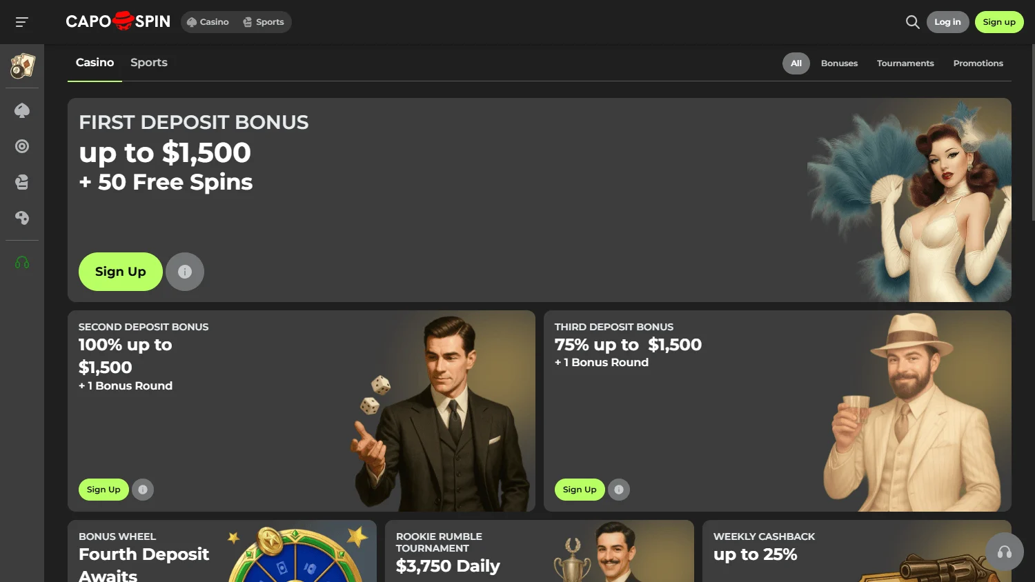 Capospin Casino promotions area on desktop